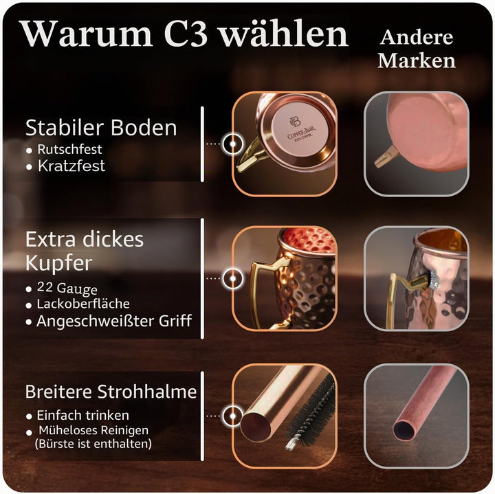 Copper-Bar Moscow Mule Kupferbecher | 4er-Set gehämmerter Becher | 100% HANDGEFERTIGT aus reinem Kup
