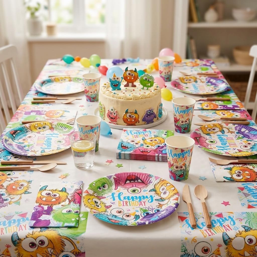 Ameisenkeks® Geburtstags-Set Funny Monsters Partygeschirr Teller Becher Servietten Tischdecke 31 Tei