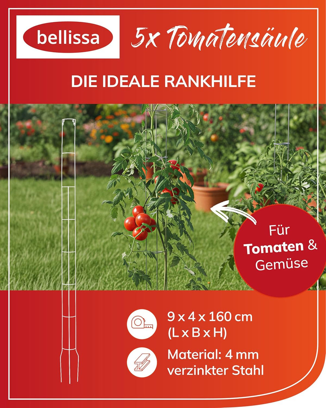 5 Stück - bellissa Tomatenturm - Tomatensäule - Rankhilfe für Tomaten und Gurken - Stütze zum Pflanz