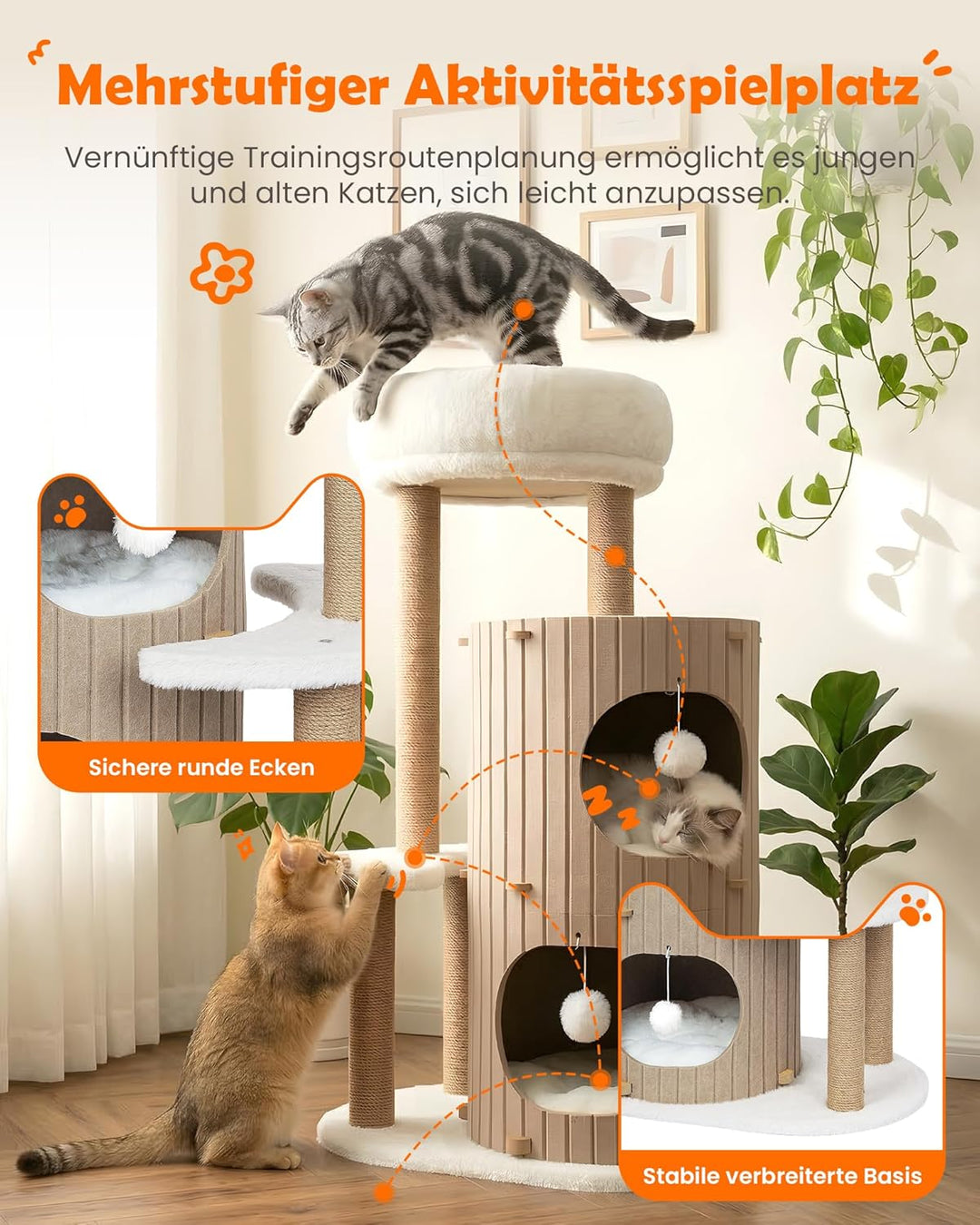 Luxus Kratzbaum mit 2-stöckiger Kratztonne | Katzenbaum mit Katzenschlafhaus, Sisalbrett,abnehmbarem