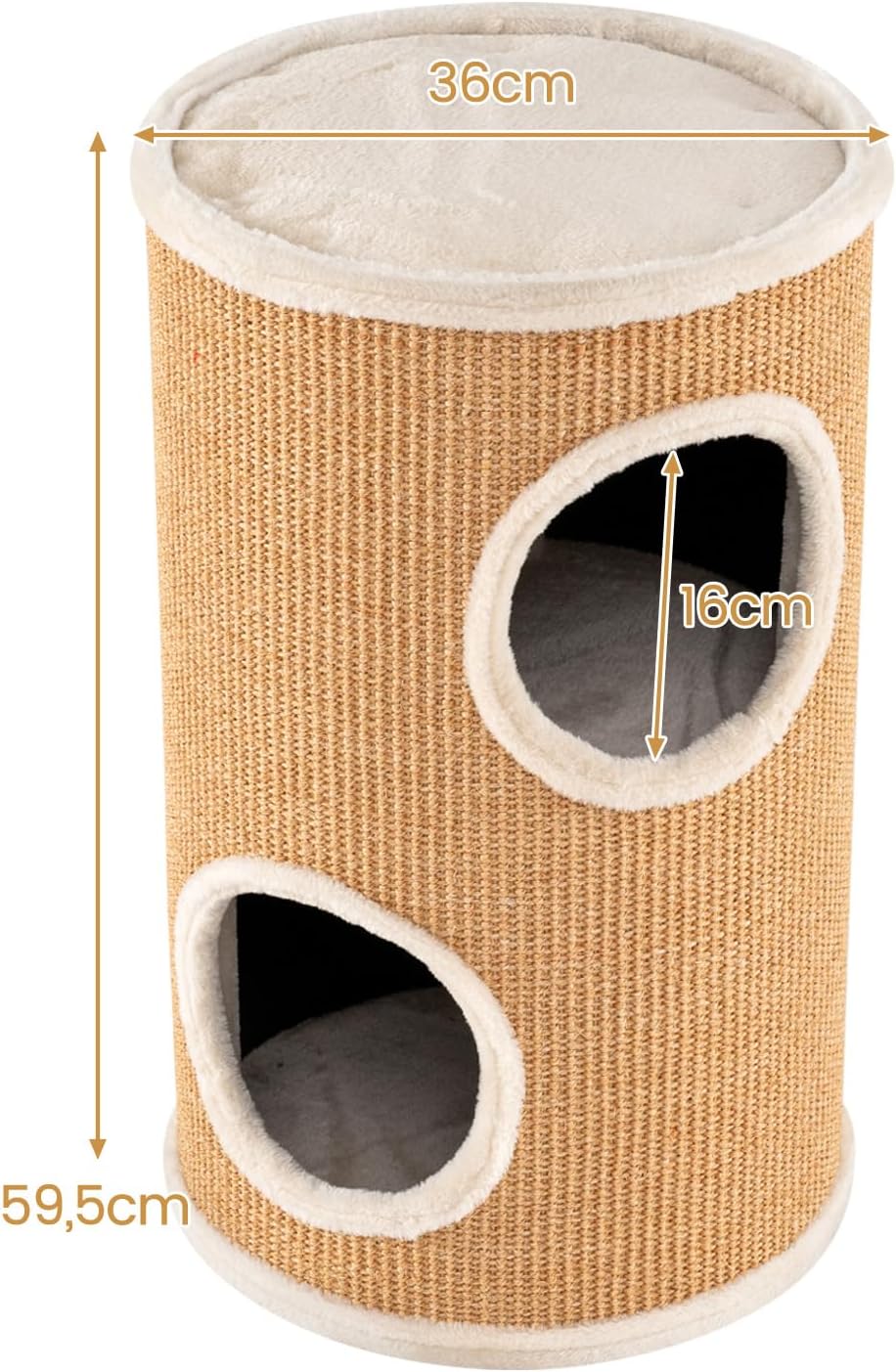 GYMAX Kratztonne Ø 36 cm, Höhe 60 cm, 2-stöckige Katzentonne mit Plüschsitz, Sisal-Kratzbrett, gross