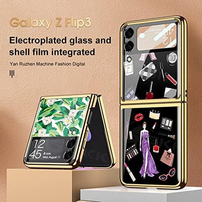 COQUE Galaxy Z Flip 3 5G Hülle,9H gehärtetes Glas Glänzend farbige Blumen Handyhülle, klappbare Hand