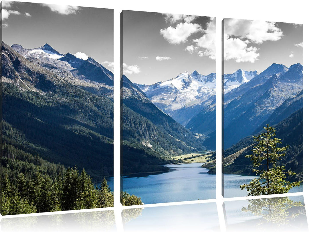 Pixxprint ruhiger See in Berglandschaft als Leinwandbild/Grösse: 3 Teilig (120x80 cm) cm/Wandbild/Ku