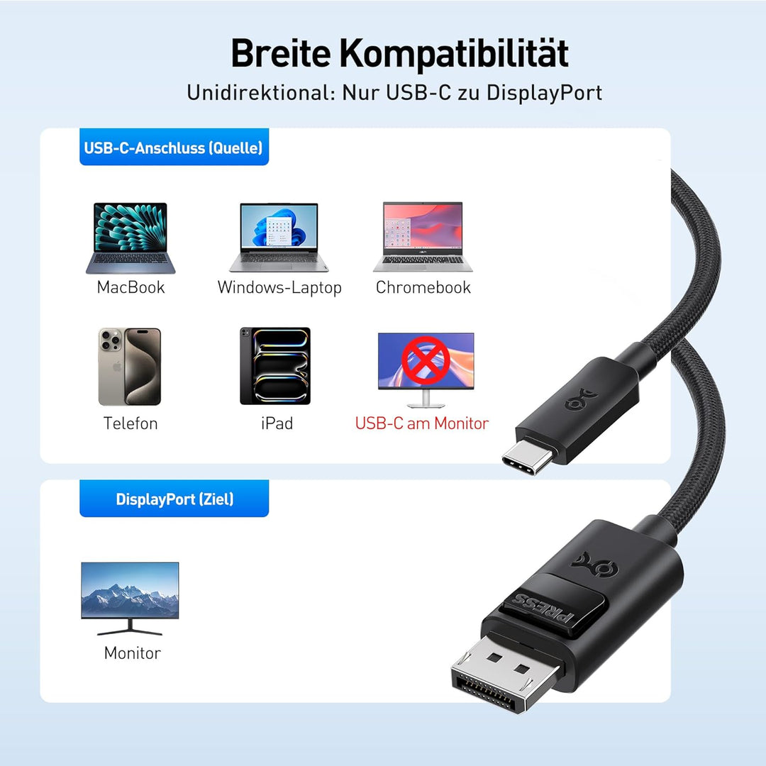 Cable Matters Unidirektionales USB C auf DisplayPort 2.1 Kabel 0,9 m, 54 Gbit/s DP54 (UHBR13.5), 8K@