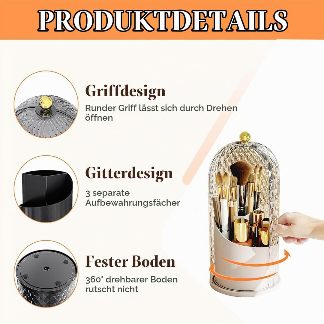 360° Drehbarer Make-up-Brushhalter mit Deckel – 3-Fach Unterteilt, Staubgeschützt | Schminkpinsel Or