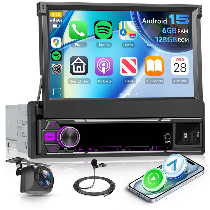 Hodozzy 6G+128GB Android 15 Autoradio 1 Din Bildschirm Ausfahrbarem mit Carplay Wireless Android Aut
