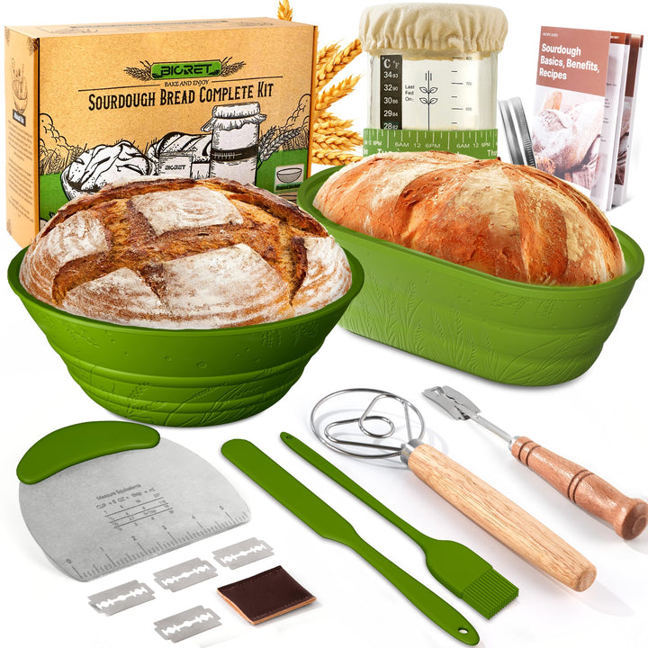 Sauerteig Starterset aus 2x Gärkörbchen Silikon 1000ml Gärglas mit Spatel,Brot Backen Zubehör Teigsc