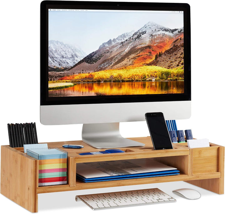Relaxdays Monitorständer, 14 Fächer, 15x65x28 cm, Natur &amp; Schreibtisch-Organizer: 21x20x13cm Ablages