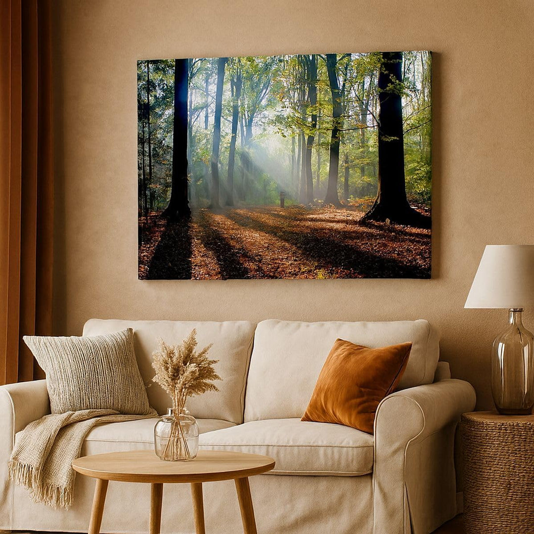 Bilder auf Leinwand 100x70cm Leinwandbild mit Rahmen Wald Blätter Sonne Gross Wanddeko Bild Schlafzi