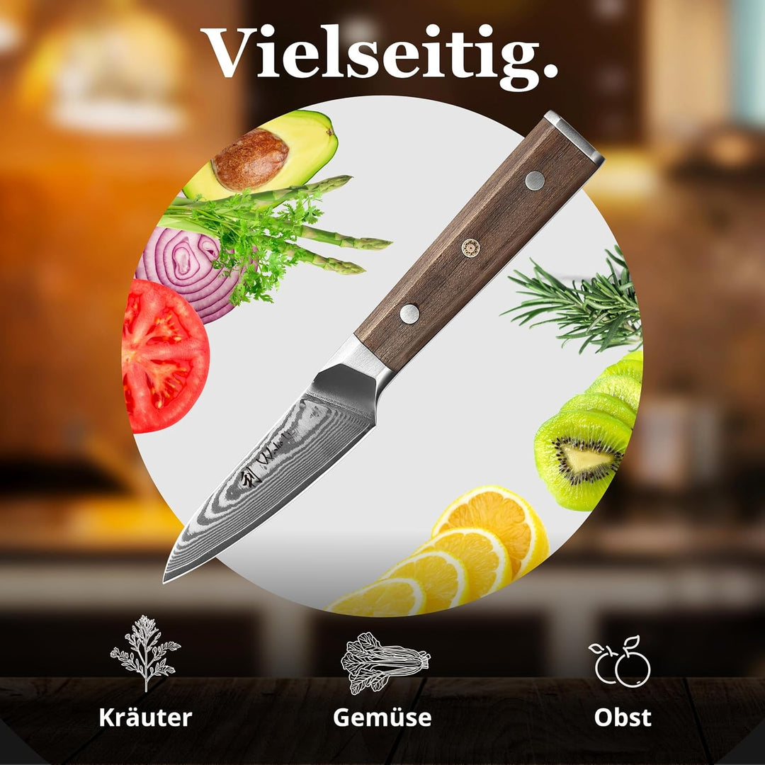 Wakoli Damast Küchenmesser Gemüsemesser mit 8 cm Klinge aus 67 Lagen Damaststahl und VG10 Kern, Waln