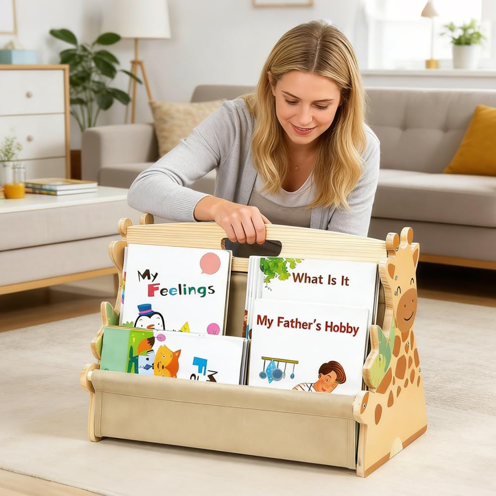 Bücherregal Kinder, doppelseitiges Holzregal mit robusten Canvas-Taschen, mit geschwungenen Kanten,