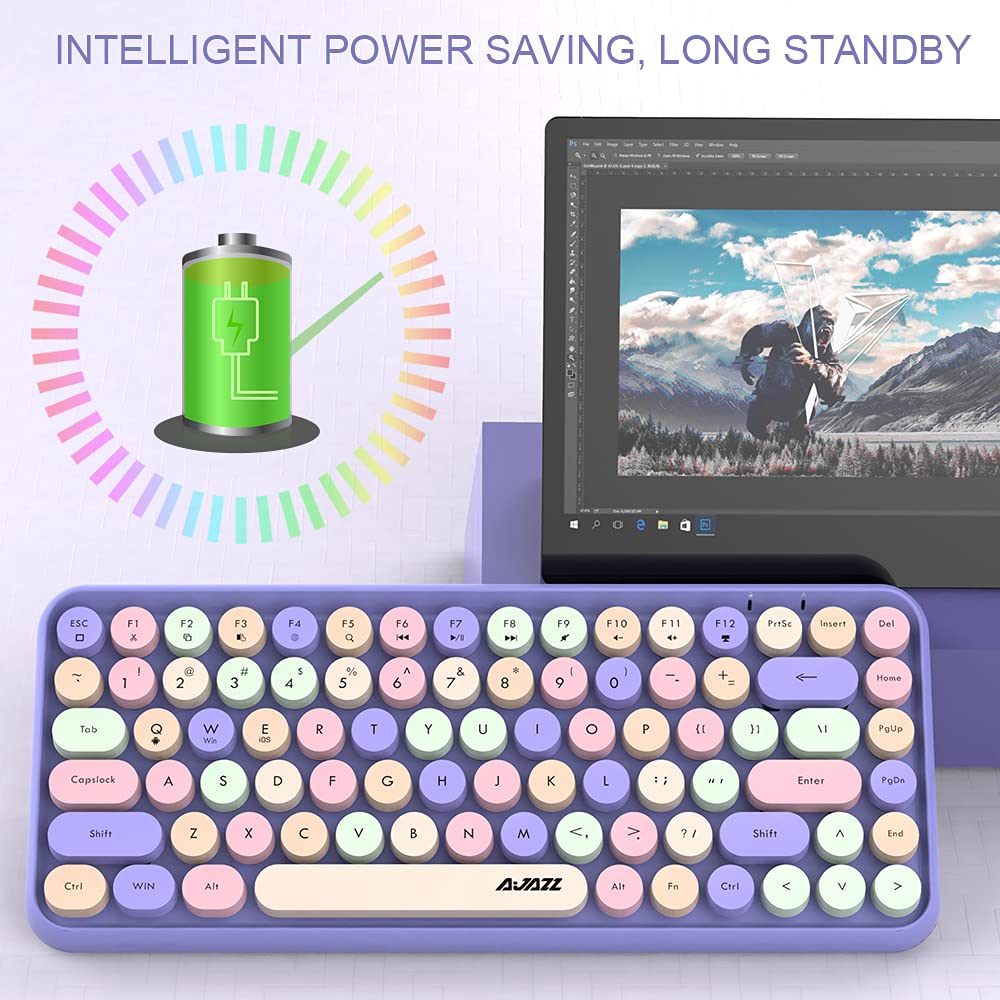 FELiCON 308i Kabellose Retro Tastatur, Bluetooth Silent Cute Computer Tastatur mit Runder Punk Taste