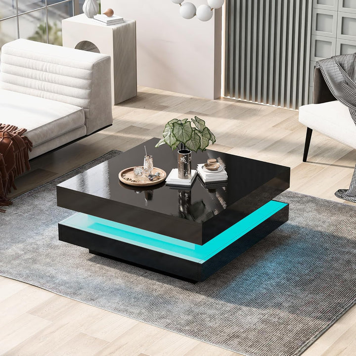 Merax Couchtisch Schwarz Hochglanz quadratischer, Moderner Wohnzimmertisch mit drehbarer Platte, Bei