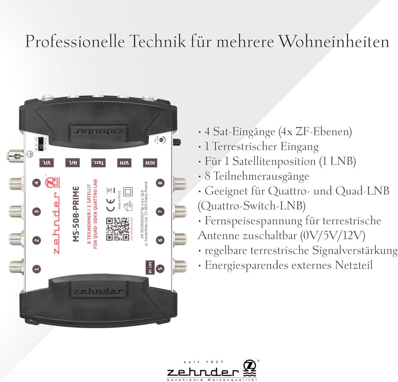 Zehnder 5/8 Multischalter 8 Teilnehmer 1 Satellit - Regelbare Terrestrik - Quattro und Quad LNB geei