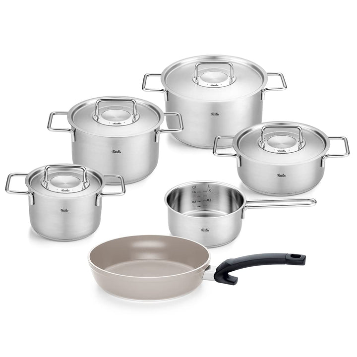 Fissler Pure Collection/Edelstahl-Kochtopfset, 6-teilig, Töpfe mit Metall-Deckel (3 Kochtöpfe,1 Brat