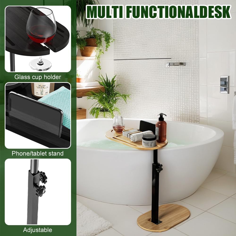Beistelltisch C Form Sofatisch Höhenverstellbar (42-82cm), 360° Rotierend Bambus Beistelltische Holz