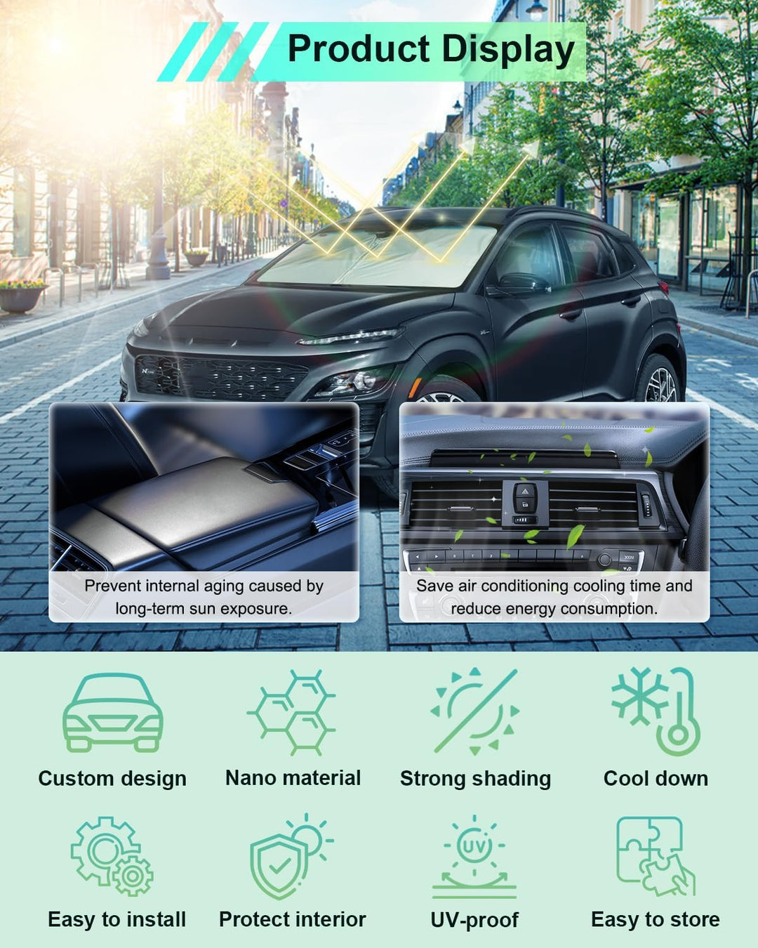 GAFAT Kompatibel mit 2017-2022 Hyundai Kona Hybrid/N Line/EV Elektro Sonnenschutz Frontscheibe Innen