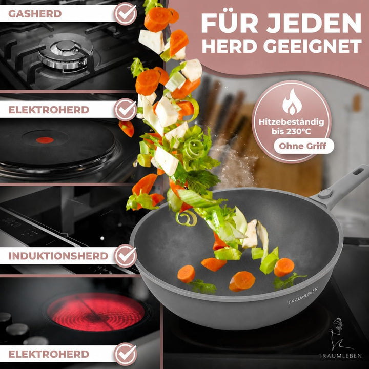 Wokpfanne mit Deckel 28 cm [abnehmbaren Griffe &amp; Antihaftbeschichtung] PFOA-frei, für Induktion geei