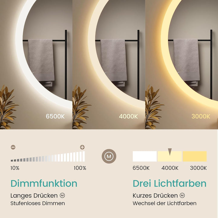 EMKE Badspiegel mit Beleuchtung Rund 70cm, Badezimmerspiegel mit dimmbarer Beleuchtung, 3 Lichtfarbe