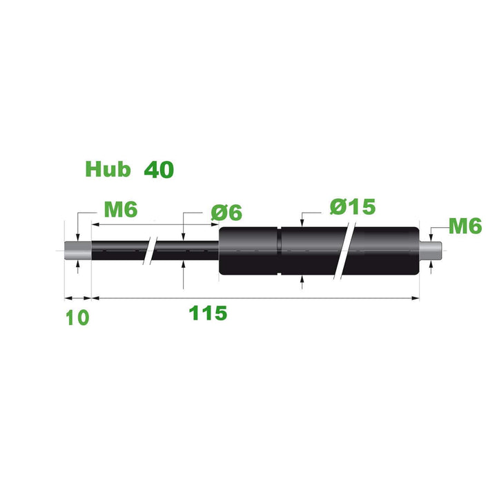 Gasdruckfeder Ø 6/15 M6 Hub=40 L=115 mm 400N(0128)