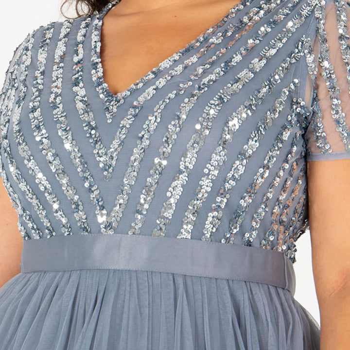 Damen Ballkleid Abendkleid V-Ausschnitt Maxi Länge Pailletten Kurze Ärmel für Hochzeit Geburtstag Br