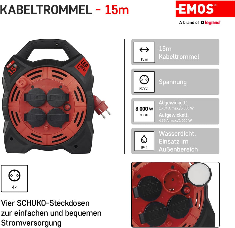 EMOS Kabeltrommel mit LED-Strahler, 15m Outdoor-Kabelbox Schuko und 20W Fluter, Neopren-Gummikabel H