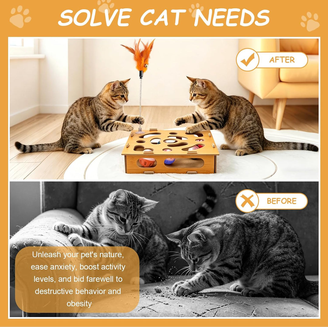 7 Stück Interaktives katzenspielzeug, Katzen Kratzpuzzle Beschäftigungsbox, mit Glockenbällen, Kratz