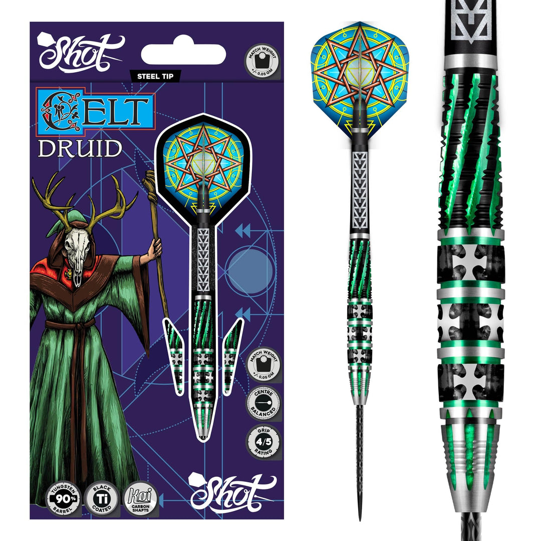 Shot! Steel Darts Celt Druid 90% Tungsten Steeltip Darts Steeldart Dartpfeile Set mit Schäften und F