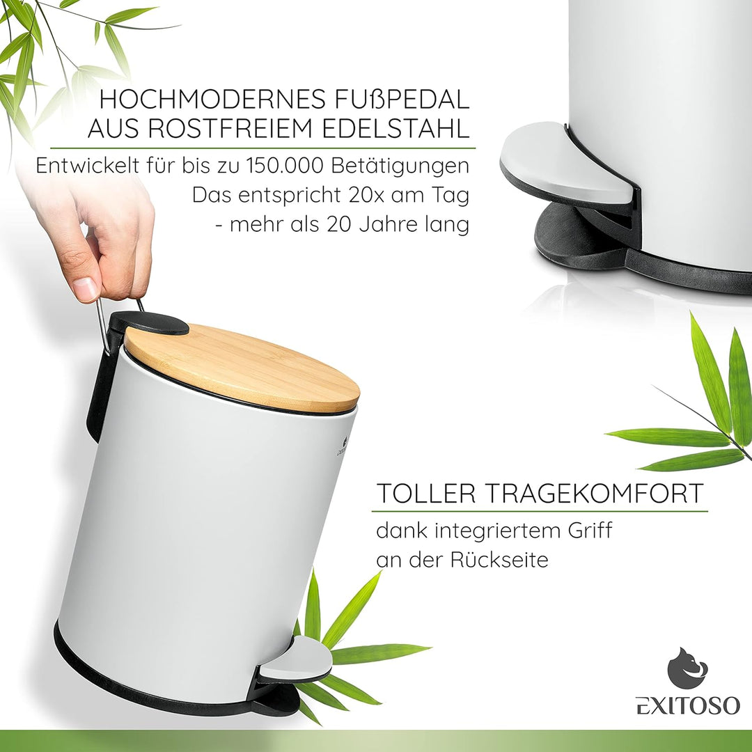 Exitoso kleiner Mülleimer Bad weiss - Kosmetikeimer 3L Bambus rutschfest - Tretmülleimer Bad Edelsta