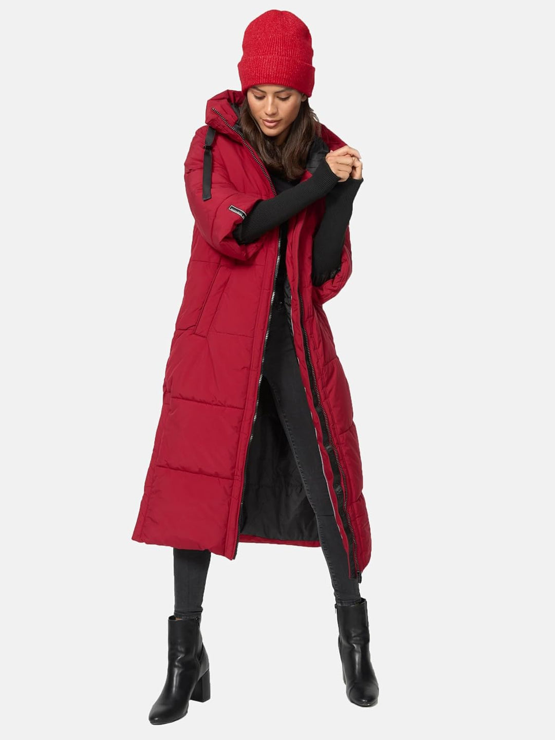 Navahoo Damen Wintermantel Warmer Steppmantel lang mit Kapuze und Rippstrickärmeln Ciao MIAU XIV XS-