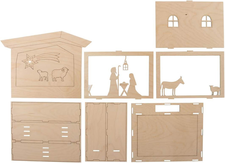 Rayher Holzbaus. 3D-Motivrahmen Krippe, FSC Mix Credit, natur, 24x24 cm, Tiefe 6,3cm, Set 13teilig,