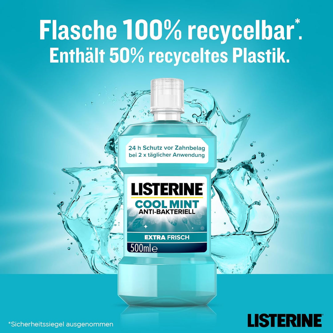 LISTERINE Cool Mint (6 x 500 ml), antibakterielle Mundspülung mit ätherischen Ölen & Minzgeschmack,