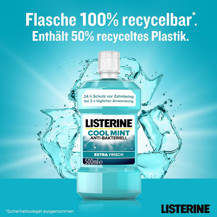 LISTERINE Cool Mint (6 x 500 ml), antibakterielle Mundspülung mit ätherischen Ölen & Minzgeschmack,