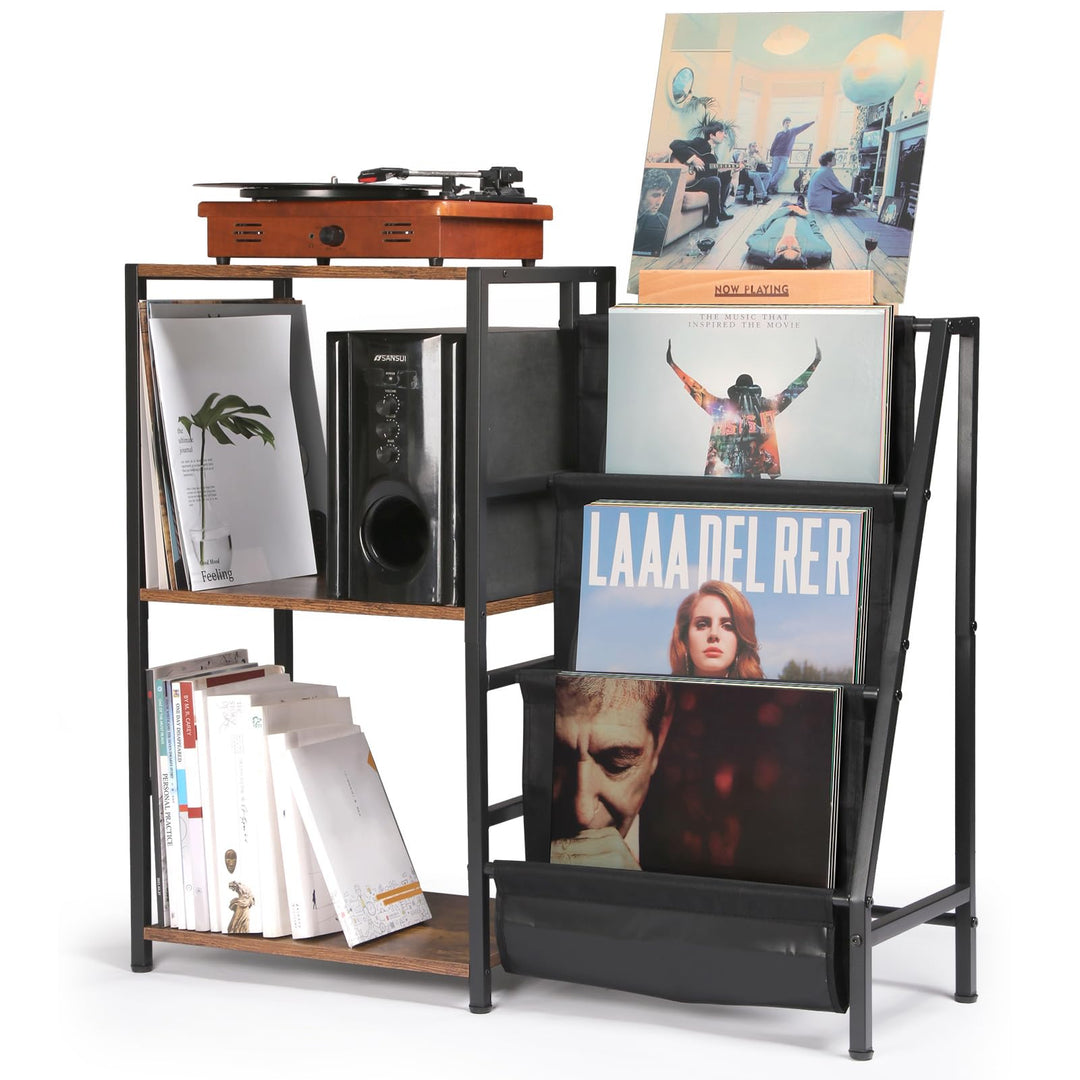HYCFYJR Plattenspieler Ständer mit Jetzt Vinyl-Album-Display, Plattenspielertisch mit 3-stöckiger Sc