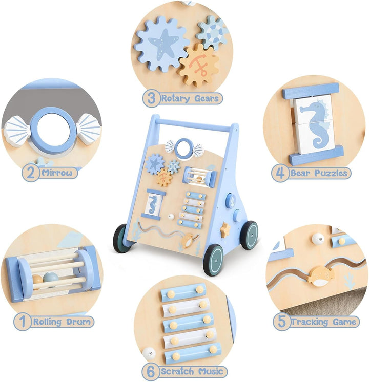 Asweets Baby Lauflernwagen aus Holz, Baby Walker und Activity Center, Multifunktion Montessori Spiel