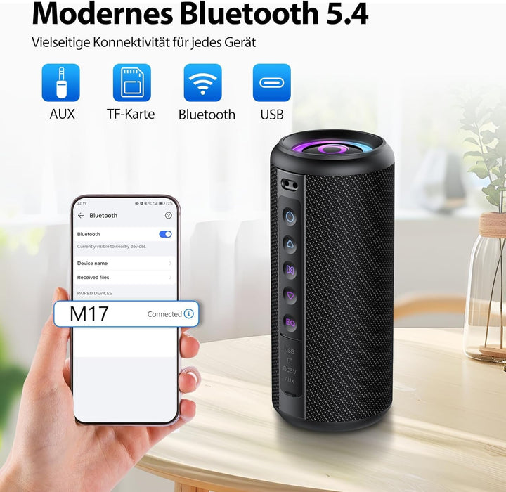Bluetooth Lautsprecher, 2026 Musikbox Bluetooth 5.4 mit RGB Lichter, Tragbarer Lautsprecher Freispre