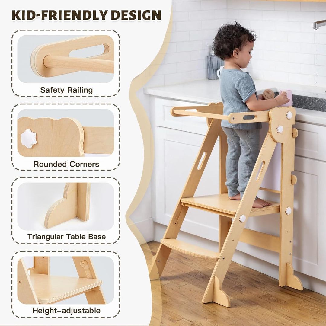 labebe Klappbar Lernturm für Kinder, Montessori Learning Tower mit Zweiseitige Tafel, 3 in 1 Einstel