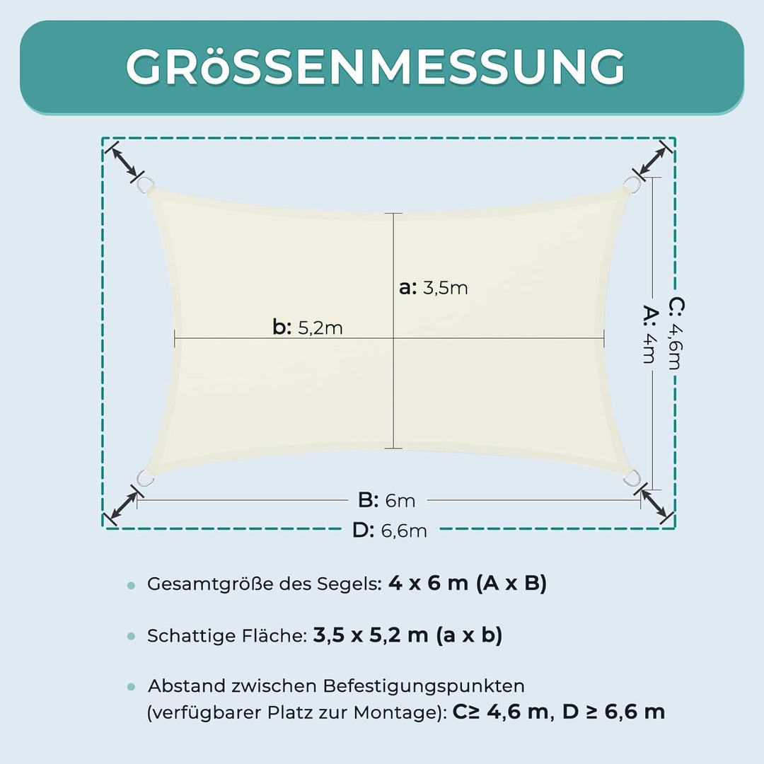 Dripex Sonnensegel wasserdicht Sonnenschutz Set 4X6 m inkl Befestigungsseile Rechteckig Polyester Im