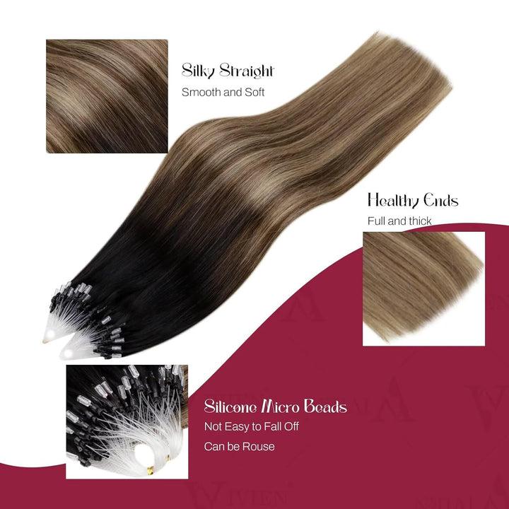 Vivien Microring Extensions Echthaar Balayage Schwarz 35cm Micro Beads Extensions Menschliches Haar