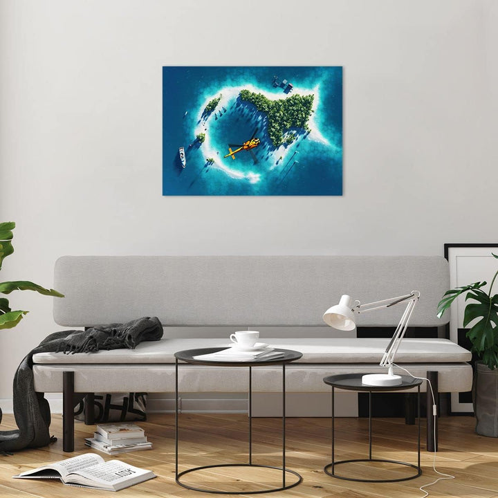 ARTTOR Bilder auf Glas Hubschrauber Ozean Insel Paradies Glasbild 70x50cm Wandbilder Dekoration Wohn