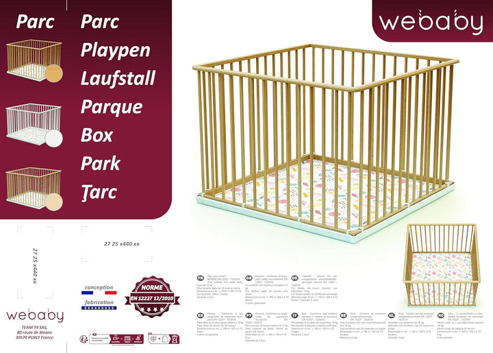 WEBABY - Laufstall baby Holz 100x100 Buche Natur | Gewicht: 8 kg |Laufgitter XXL solide und langlebi