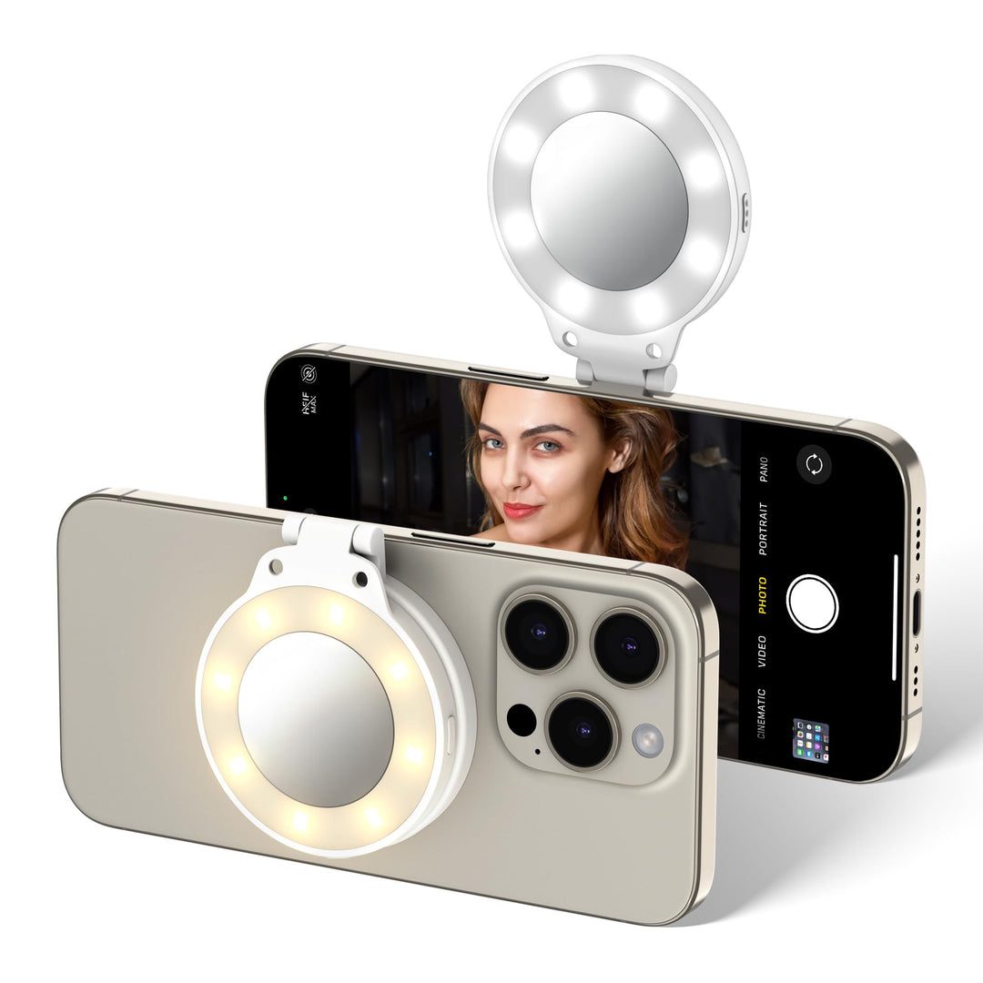 JJC Magnetisches LED-Selfie-Ringlicht Handy Selfie Mirror mit 3 Helligkeitseinstellungen – rastet au