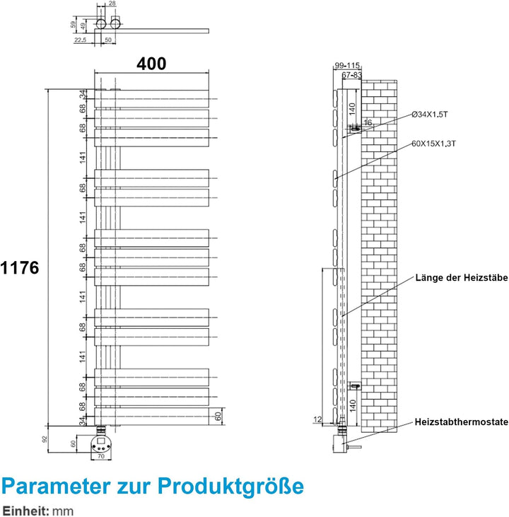Heilmetz Badheizkörper Elektrisch Heizkörper Bad mit Digitalem Thermostat Handtuchheizkörper mit Tim