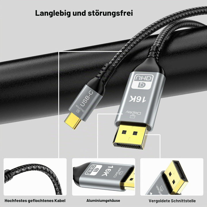 USB C auf DisplayPort 2.1 Kabel, 16K@30Hz 8K@120Hz 4K@240Hz, Thunderbolt 5/4 auf DP-Kabel, 40Gbps, T