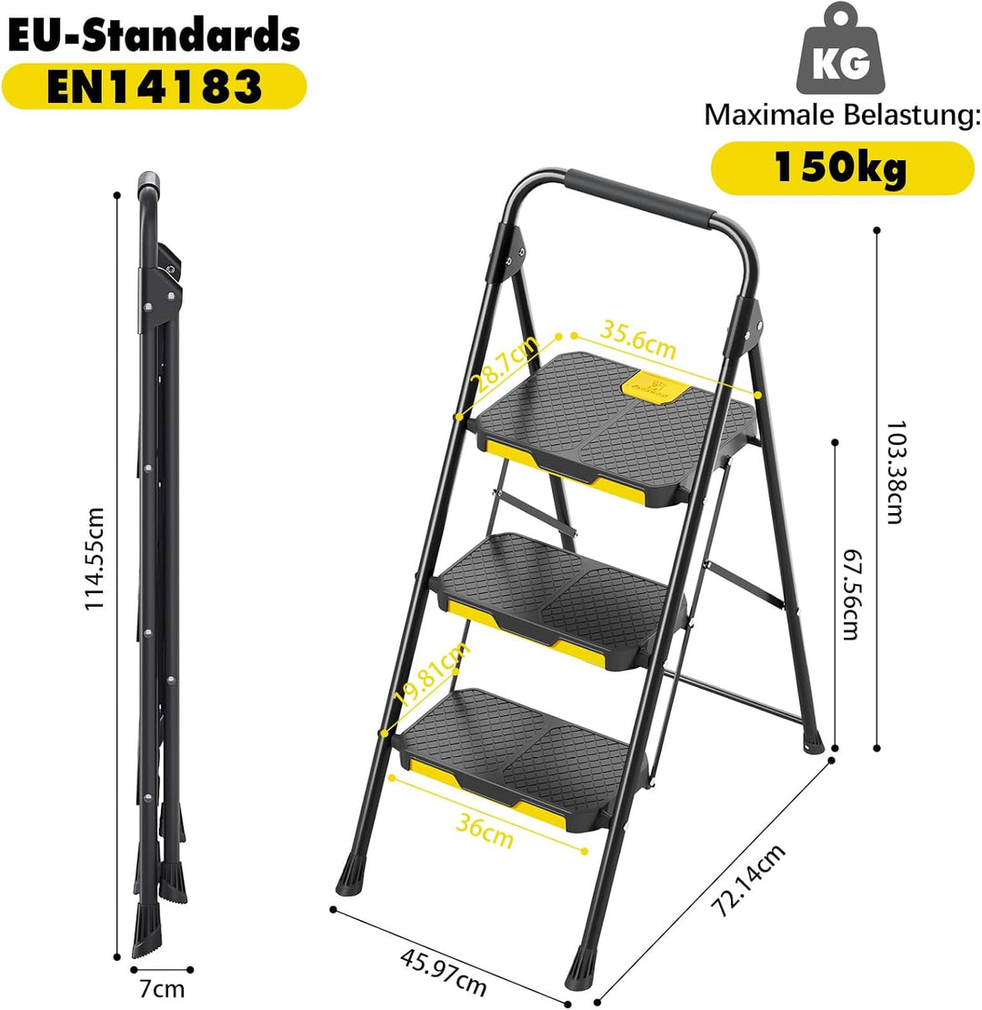 KINGRACK 3 Stufenleiter, 3 Stufen klappbar mit rutschfestem, breitem Pedal und Handläufen, leichte H