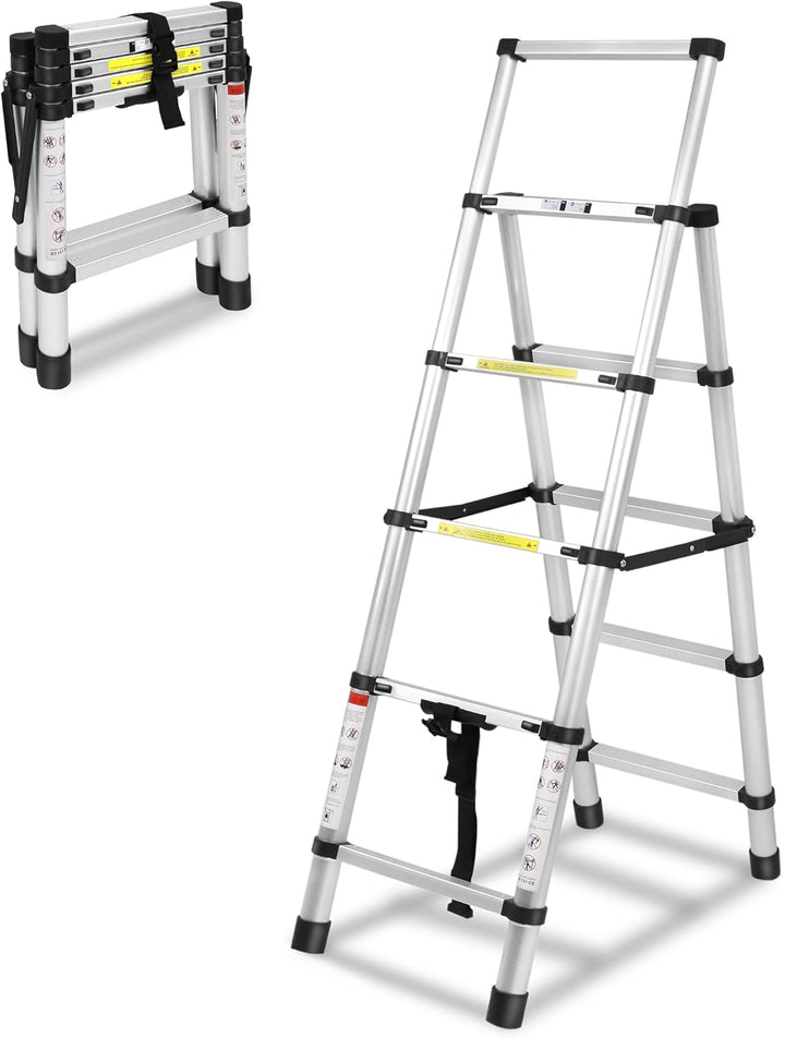 XMTECH 1.4m+1.7m Aluminium Teleskopleiter Klappleiter A-Rahmen 5 + 6 Stufen, Rutschfester Aluleiter