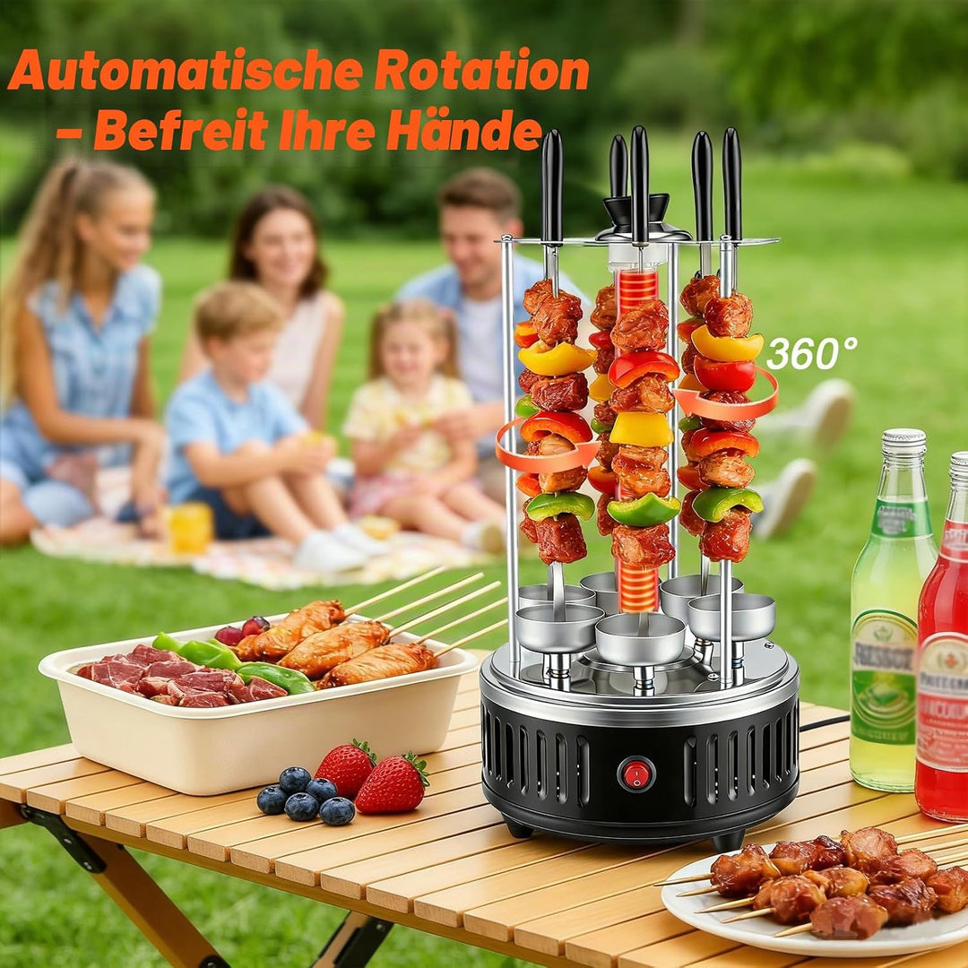 Elektrischer BBQ Tischgrill Vertikalgrill aus Edelstahl, Schaschlikgrill mit 12 Spiessen und 2 Glasr