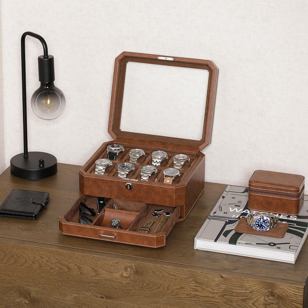 ROTHWELL Uhrenbox aus Leder mit 8 Schlitzen und Aufbewahrungsschublade – Luxus-Uhrengehäuse, Schmuck
