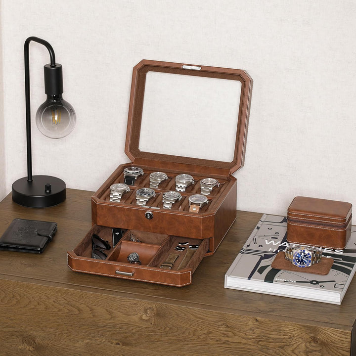 ROTHWELL Uhrenbox aus Leder mit 8 Schlitzen und Aufbewahrungsschublade – Luxus-Uhrengehäuse, Schmuck