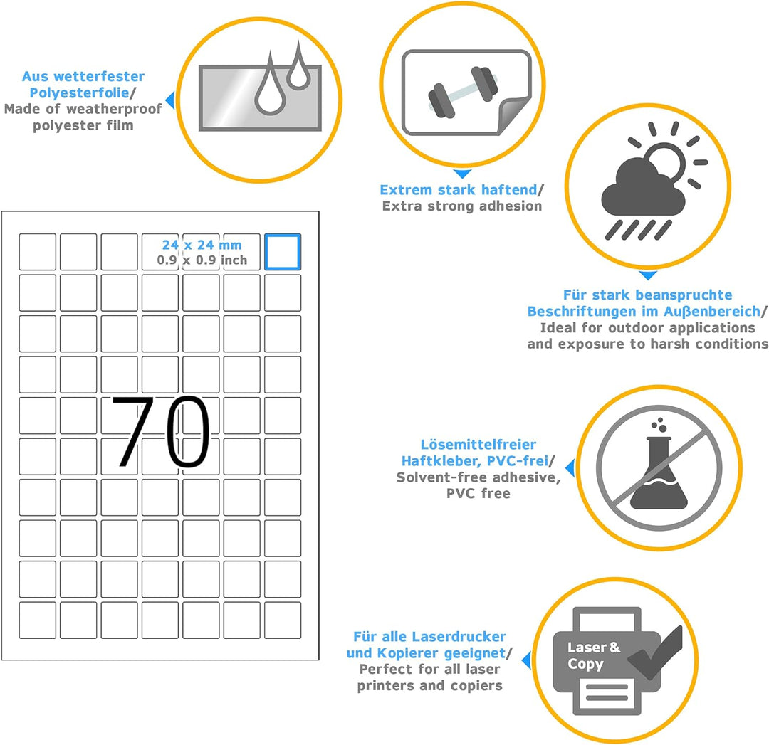HERMA 8339 Wetterfeste Folienetiketten, 25 Blatt, 24 x 24 mm, 70 Stück pro A4 Bogen, 1750 Aufkleber,